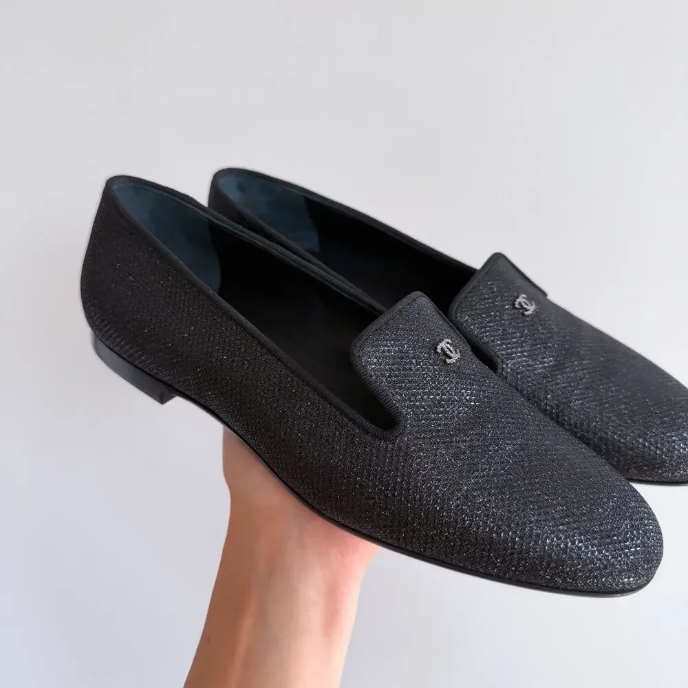 Chanel Interlocking CC Logo Glitter Slip On Loafer Flats Black 9 NEW